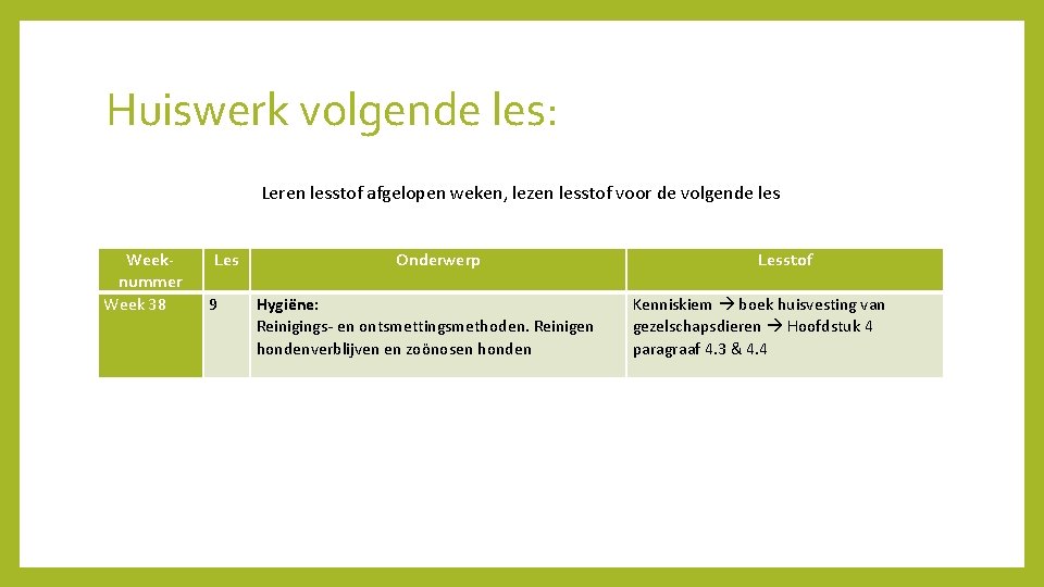 Huiswerk volgende les: Leren lesstof afgelopen weken, lezen lesstof voor de volgende les Weeknummer