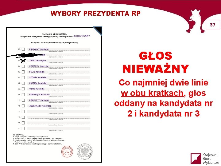 WYBORY PREZYDENTA RP 37 GŁOS NIEWAŻNY Co najmniej dwie linie w obu kratkach, głos