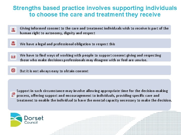 Strengths based practice involves supporting individuals to choose the care and treatment they receive