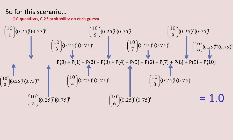 So for this scenario… (10 questions, 0. 25 probability on each guess) P(0) +