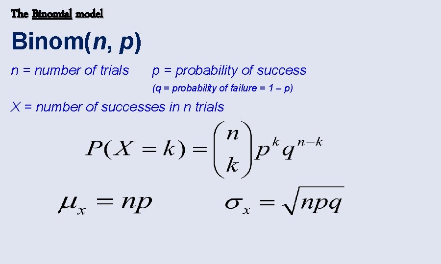 The Binomial model Binom(n, p) n = number of trials p = probability of