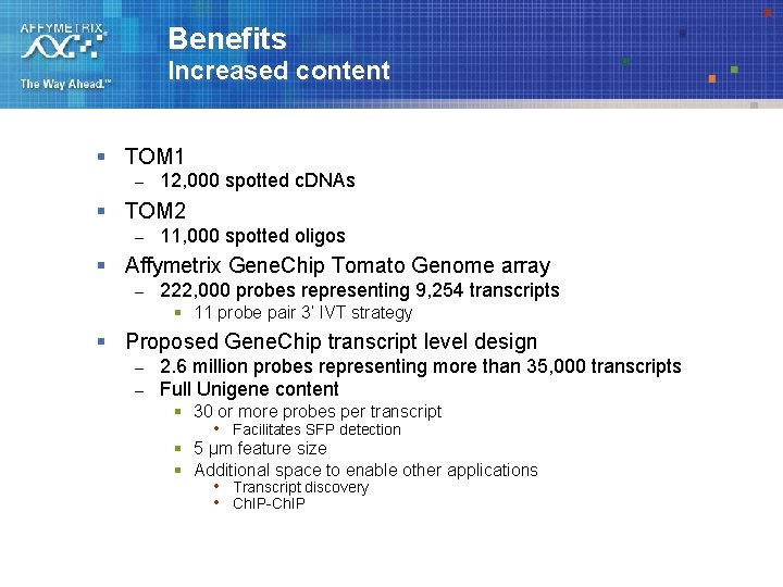 Benefits Increased content § TOM 1 – 12, 000 spotted c. DNAs § TOM