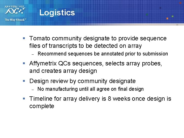 Logistics § Tomato community designate to provide sequence files of transcripts to be detected