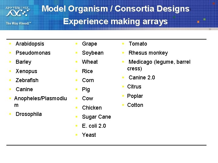 Model Organism / Consortia Designs Experience making arrays § Arabidopsis § Grape § Tomato