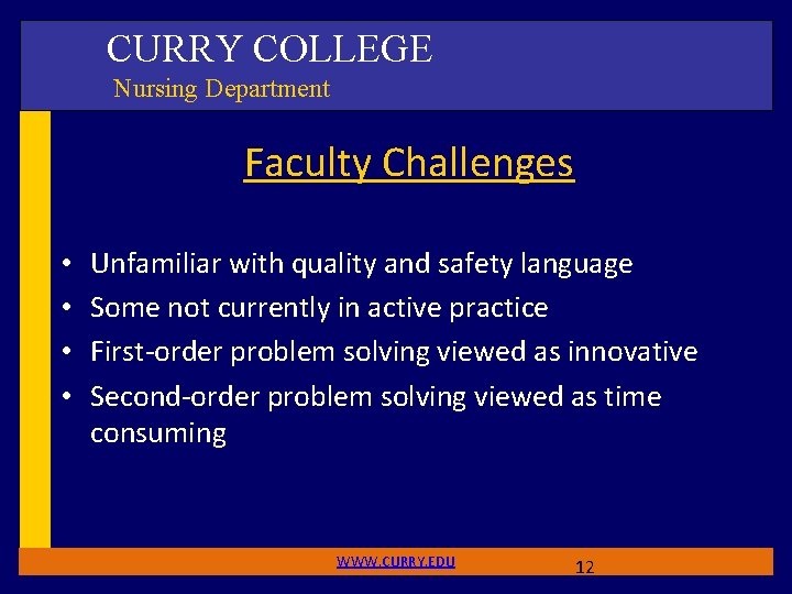 CURRY COLLEGE Nursing Department Faculty Challenges • • Unfamiliar with quality and safety language