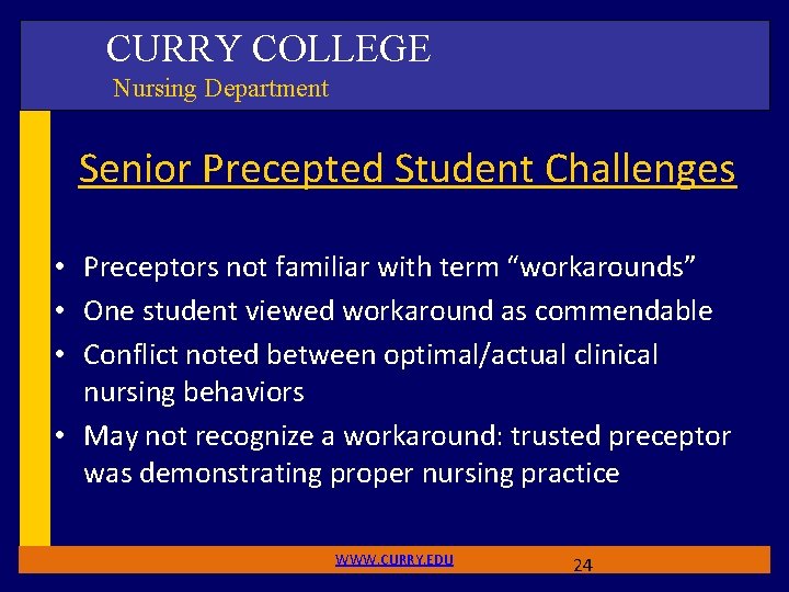 CURRY COLLEGE Nursing Department Senior Precepted Student Challenges • Preceptors not familiar with term