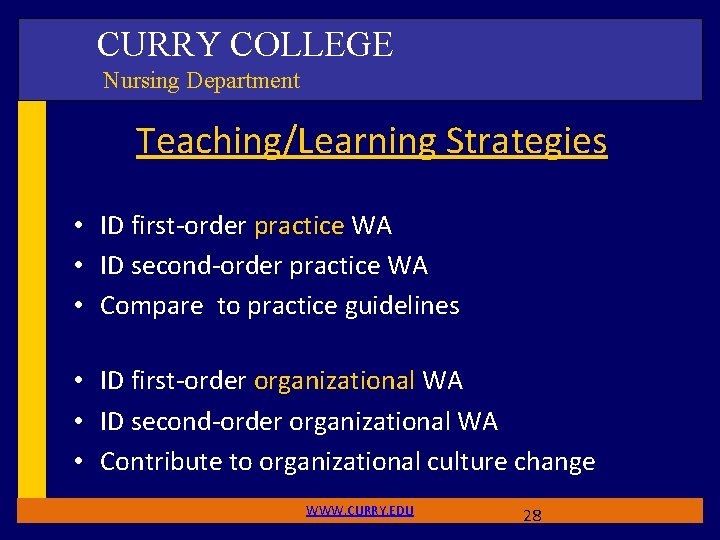 CURRY COLLEGE Nursing Department Teaching/Learning Strategies • ID first-order practice WA • ID second-order