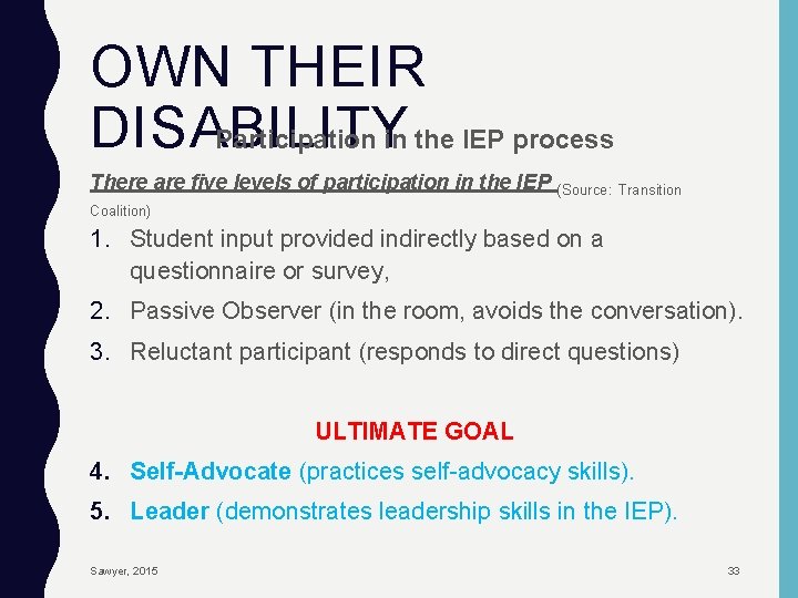 OWN THEIR DISABILITY Participation in the IEP process There are five levels of participation