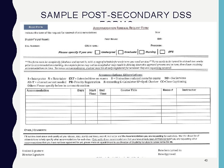 SAMPLE POST-SECONDARY DSS FORMS 40 