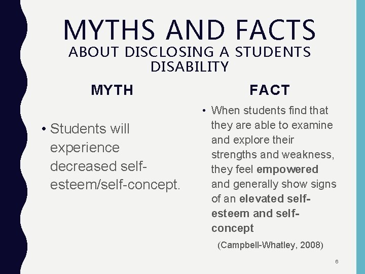 MYTHS AND FACTS ABOUT DISCLOSING A STUDENTS DISABILITY MYTH • Students will experience decreased