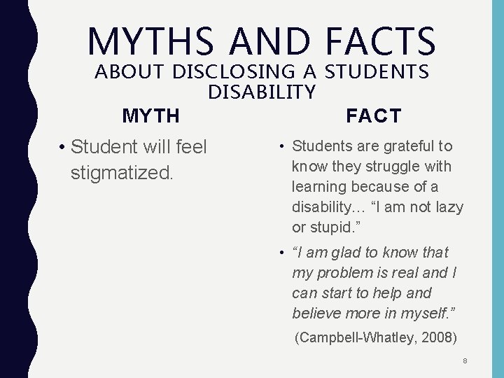 MYTHS AND FACTS ABOUT DISCLOSING A STUDENTS DISABILITY FACT MYTH • Student will feel