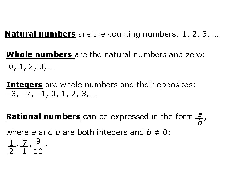 Natural numbers are the counting numbers: 1, 2, 3, … Whole numbers are the