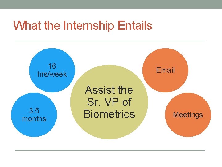 What the Internship Entails 16 hrs/week 3. 5 months Email Assist the Sr. VP