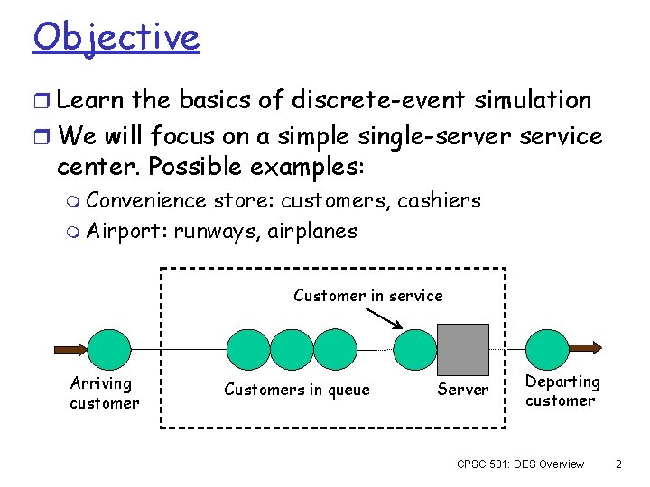 Objective r Learn the basics of discrete-event simulation r We will focus on a