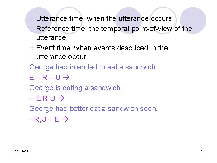 Utterance time: when the utterance occurs ¡ Reference time: the temporal point-of-view of the