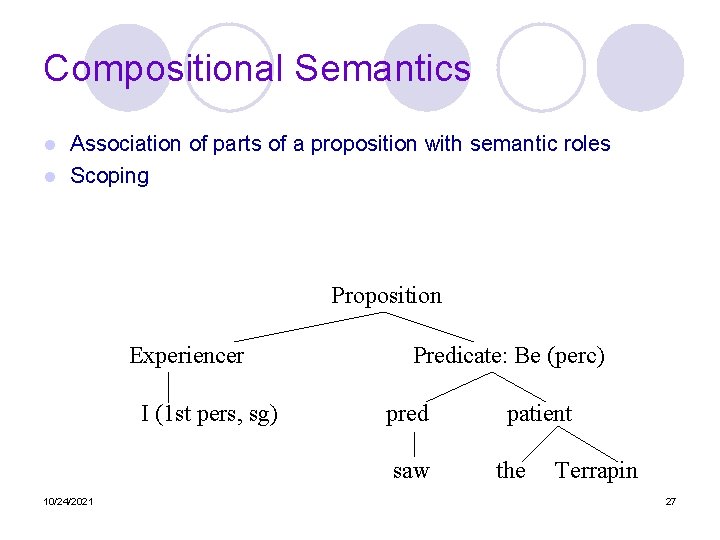 Compositional Semantics Association of parts of a proposition with semantic roles l Scoping l