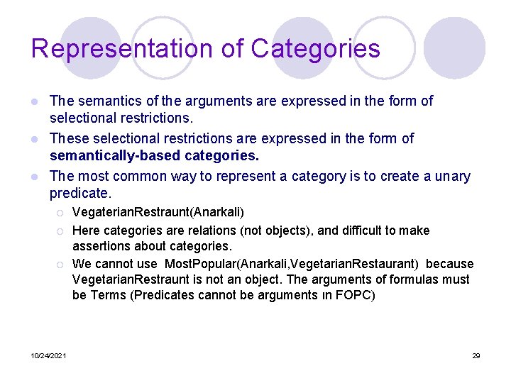 Representation of Categories The semantics of the arguments are expressed in the form of