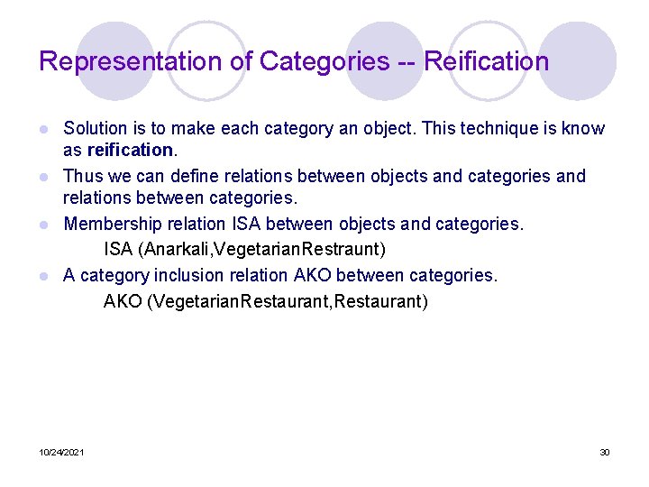 Representation of Categories -- Reification Solution is to make each category an object. This