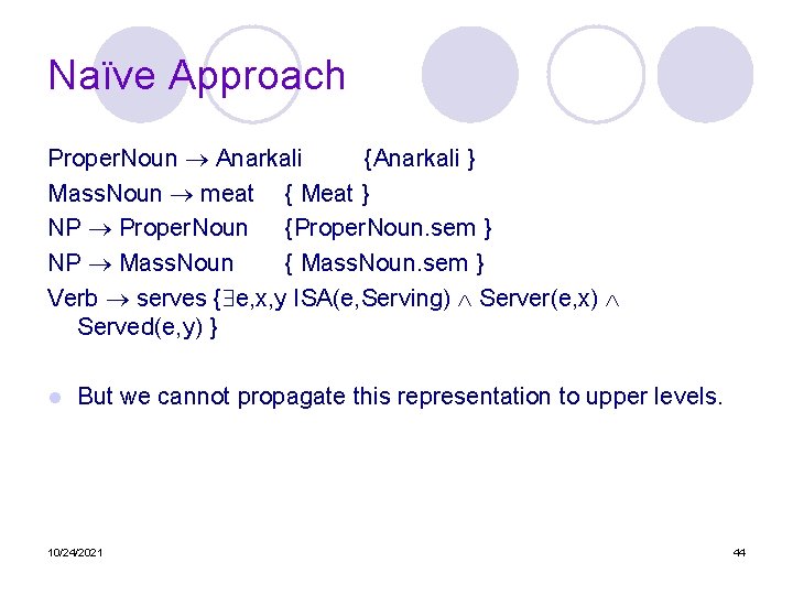 Naïve Approach Proper. Noun Anarkali {Anarkali } Mass. Noun meat { Meat } NP