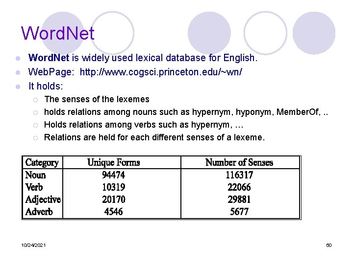 Word. Net is widely used lexical database for English. l Web. Page: http: //www.