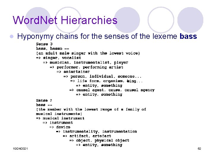 Word. Net Hierarchies l Hyponymy chains for the senses of the lexeme bass 10/24/2021