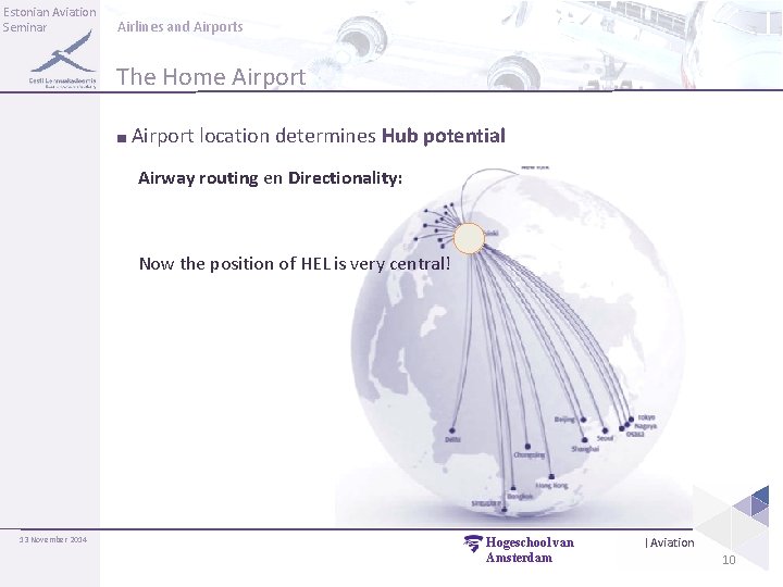 Estonian Aviation Seminar Airlines and Airports The Home Airport ■ Airport location determines Hub