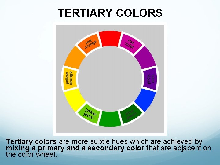 TERTIARY COLORS Tertiary colors are more subtle hues which are achieved by mixing a