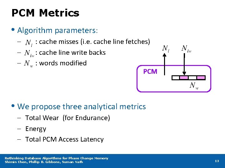 PCM Metrics • Algorithm parameters: – – – : cache misses (i. e. cache