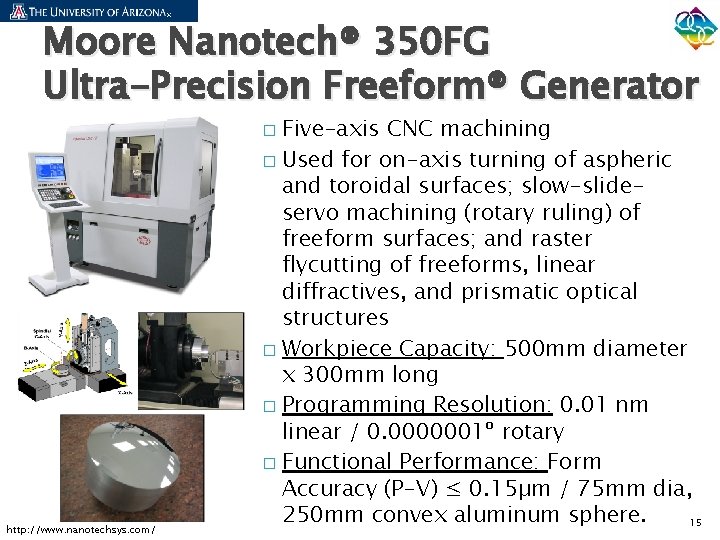Moore Nanotech® 350 FG Ultra-Precision Freeform® Generator Five-axis CNC machining � Used for on-axis