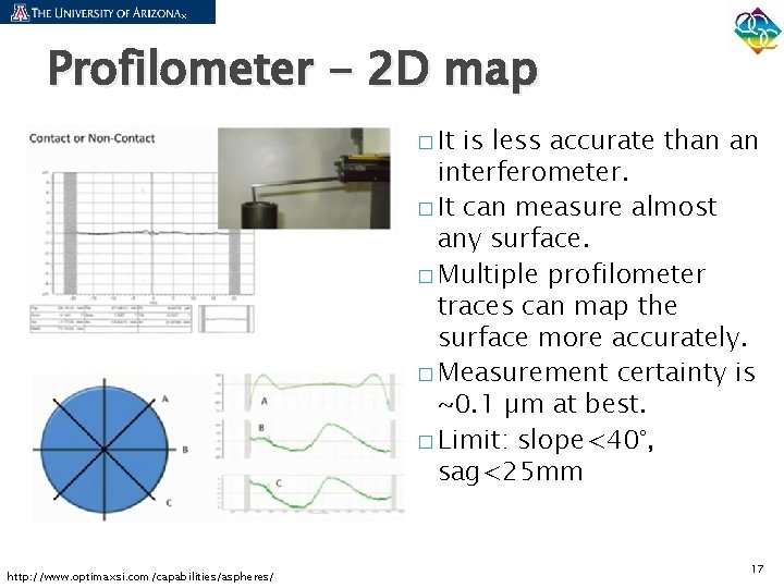Profilometer - 2 D map � It is less accurate than an interferometer. �