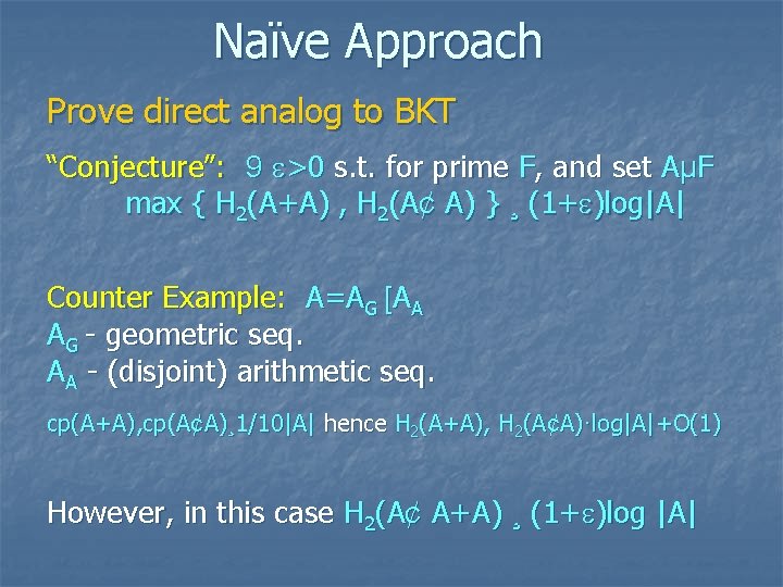 Naïve Approach Prove direct analog to BKT “Conjecture”: 9 >0 s. t. for prime