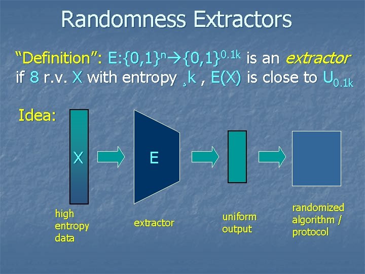 Randomness Extractors “Definition”: E: {0, 1}n {0, 1}0. 1 k is an extractor if