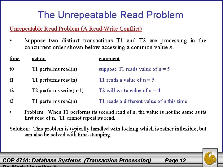 The Unrepeatable Read Problem (A Read-Write Conflict) • Suppose two distinct transactions T 1