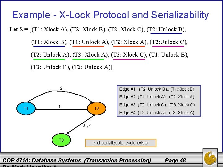 Example - X-Lock Protocol and Serializability Let S = [(T 1: Xlock A), (T