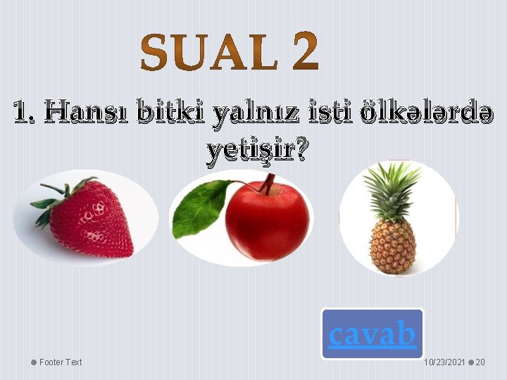 1. Hansı bitki yalnız isti ölkələrdə yetişir? cavab Footer Text 10/23/2021 20 