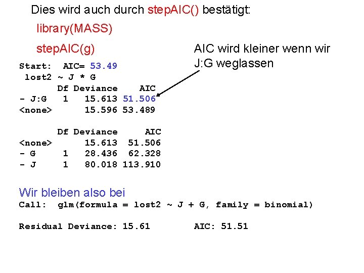 Dies wird auch durch step. AIC() bestätigt: library(MASS) step. AIC(g) Start: AIC= 53. 49