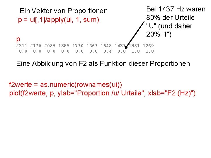 Ein Vektor von Proportionen p = ui[, 1]/apply(ui, 1, sum) p Bei 1437 Hz