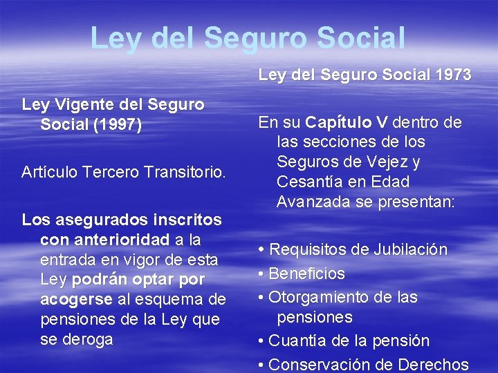 Ley del Seguro Social 1973 Ley Vigente del Seguro Social (1997) Artículo Tercero Transitorio.