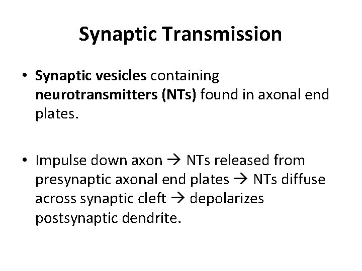 Synaptic Transmission • Synaptic vesicles containing neurotransmitters (NTs) found in axonal end plates. •