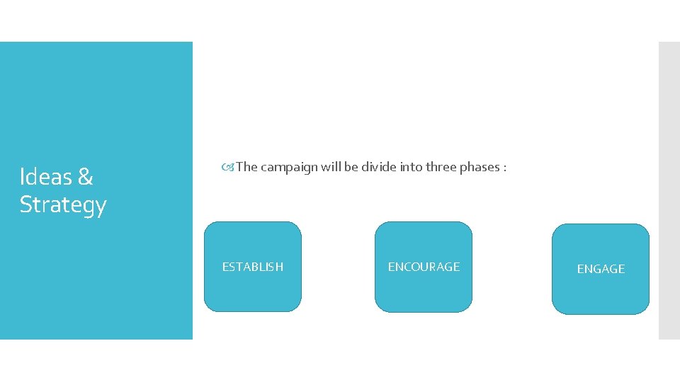 Ideas & Strategy The campaign will be divide into three phases : ESTABLISH ENCOURAGE