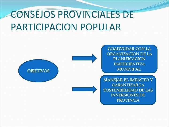 CONSEJOS PROVINCIALES DE PARTICIPACION POPULAR OBJETIVOS COADYUDAR CON LA ORGANIZACION DE LA PLANIFICACION PARTICIPATIVA