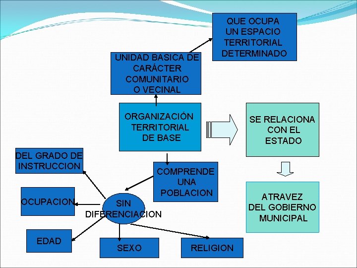UNIDAD BASICA DE CARÁCTER COMUNITARIO O VECINAL QUE OCUPA UN ESPACIO TERRITORIAL DETERMINADO ORGANIZACIÓN