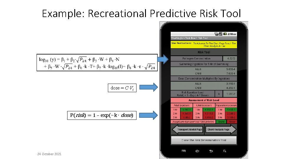 Example: Recreational Predictive Risk Tool dose = C∙Vi P(risk) = 1 – exp(-k ∙