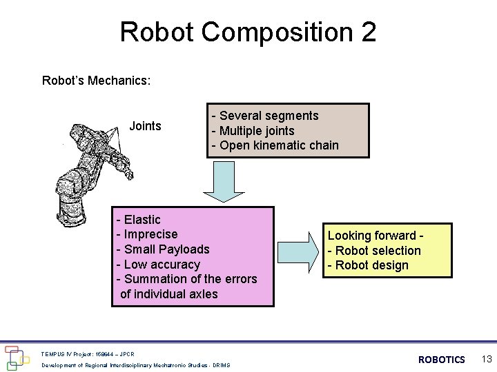 Robot Composition 2 Robot’s Mechanics: Joints - Several segments - Multiple joints - Open