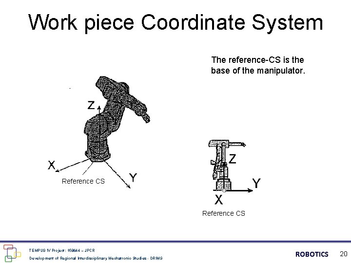 Work piece Coordinate System The reference-CS is the base of the manipulator. Reference CS