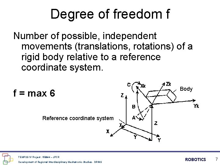 Degree of freedom f Number of possible, independent movements (translations, rotations) of a rigid