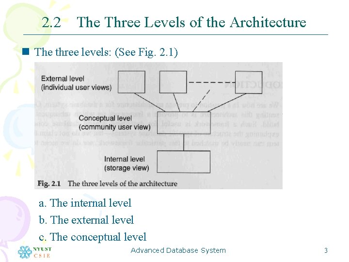 2. 2 The Three Levels of the Architecture n The three levels: (See Fig.
