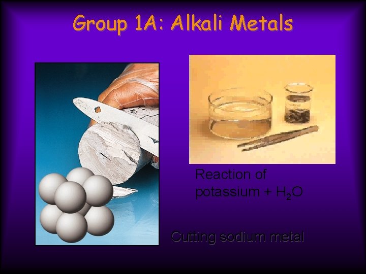 Group 1 A: Alkali Metals Reaction of potassium + H 2 O Cutting sodium Group 1 A: Alkali Metals Reaction of potassium + H 2 O Cutting sodium