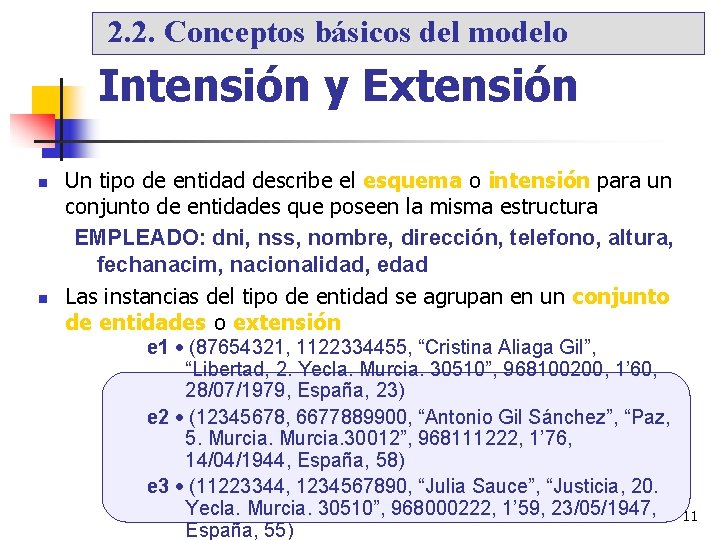 2. 2. Conceptos básicos del modelo Intensión y Extensión Un tipo de entidad describe