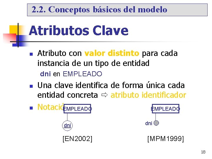 2. 2. Conceptos básicos del modelo Atributos Clave Atributo con valor distinto para cada
